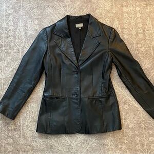 Vintage Old Navy Black Genuine 100% Leather Jacket Lined Buttons Size M Y2K